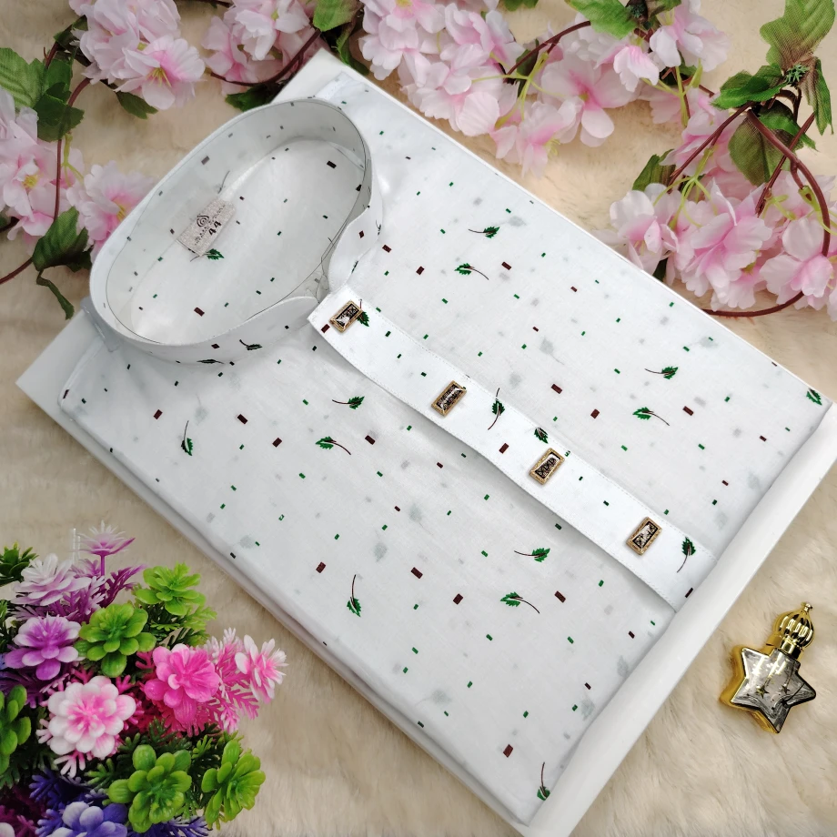 জামদানি সাদা সবুজ পাতা  প্রিন্ট