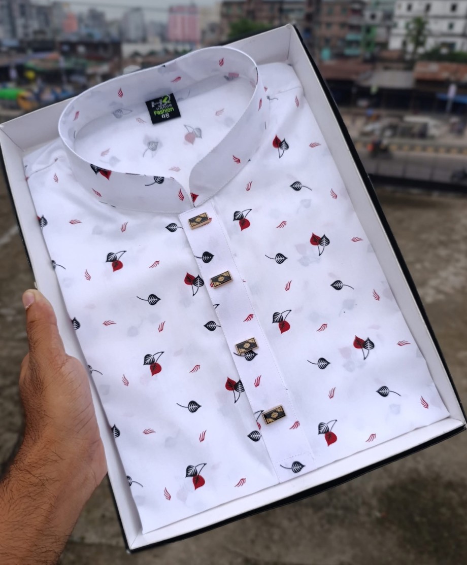 জামদানি সাদা লাল পান পাতা  প্রিন্ট